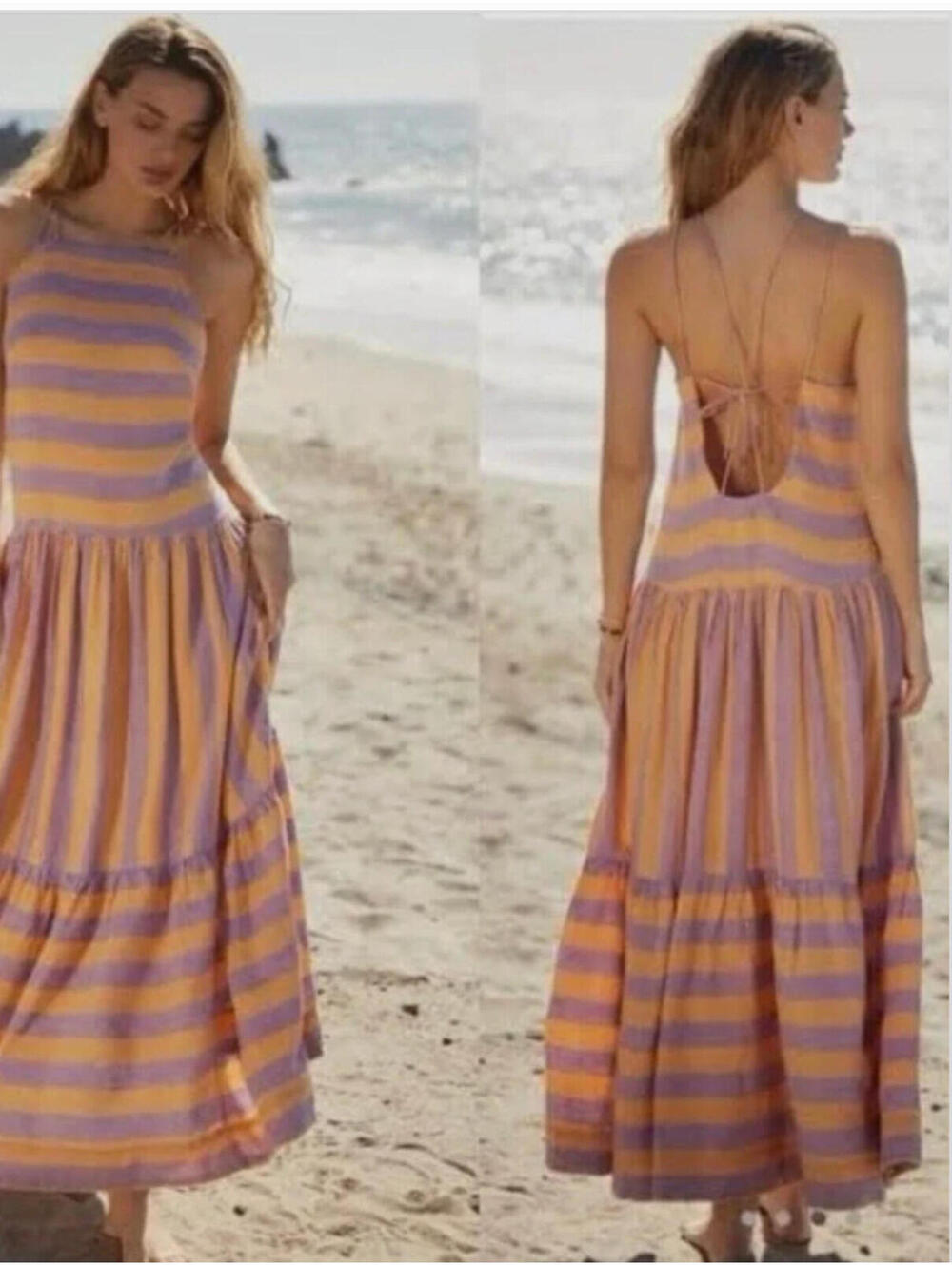 Anthropologie Grommet Halter Linen Blend Striped Maxi Dress Size XS EE